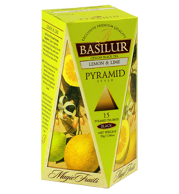 Basilur マジック フルーツ レモンとライム、15 カウント ピラミッド ティー バッグ